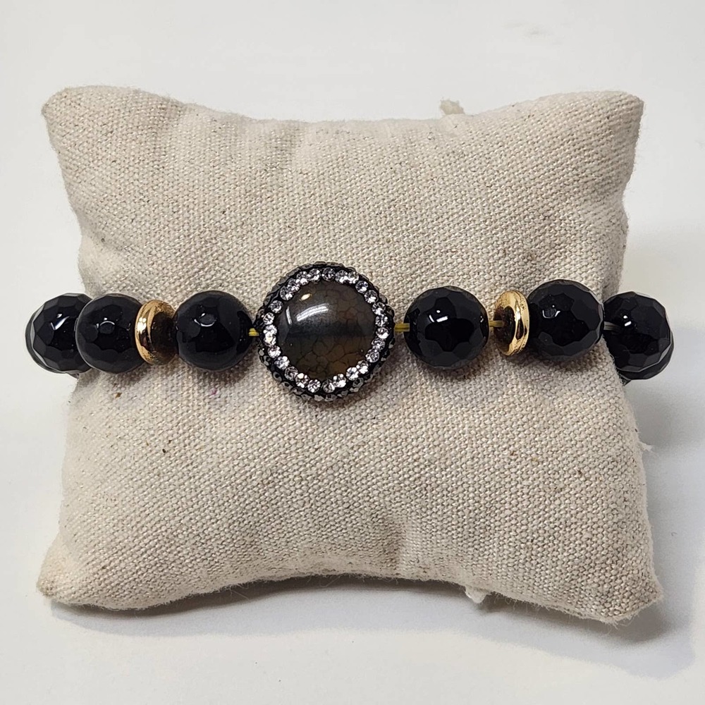 Black Glass Faceted Bead Pave Crystal Stretch Bracelet Costume Fashion Jewelry